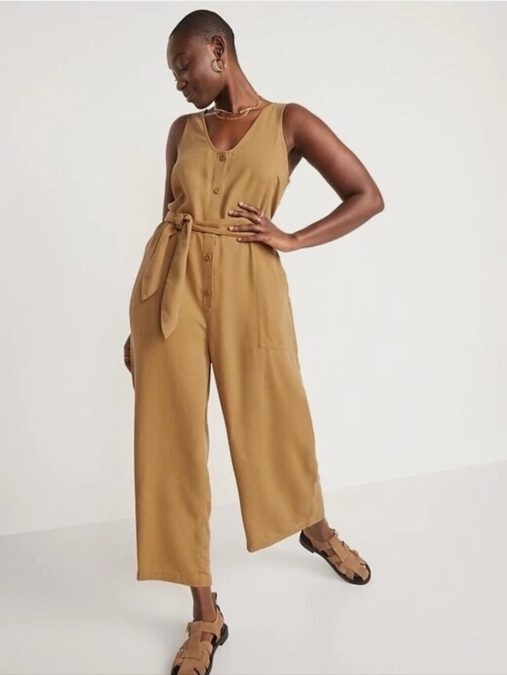 Old Navy Miners Gold Mustard Yellow Sleeveless V-Neck Button Front Tie Jumpsuit